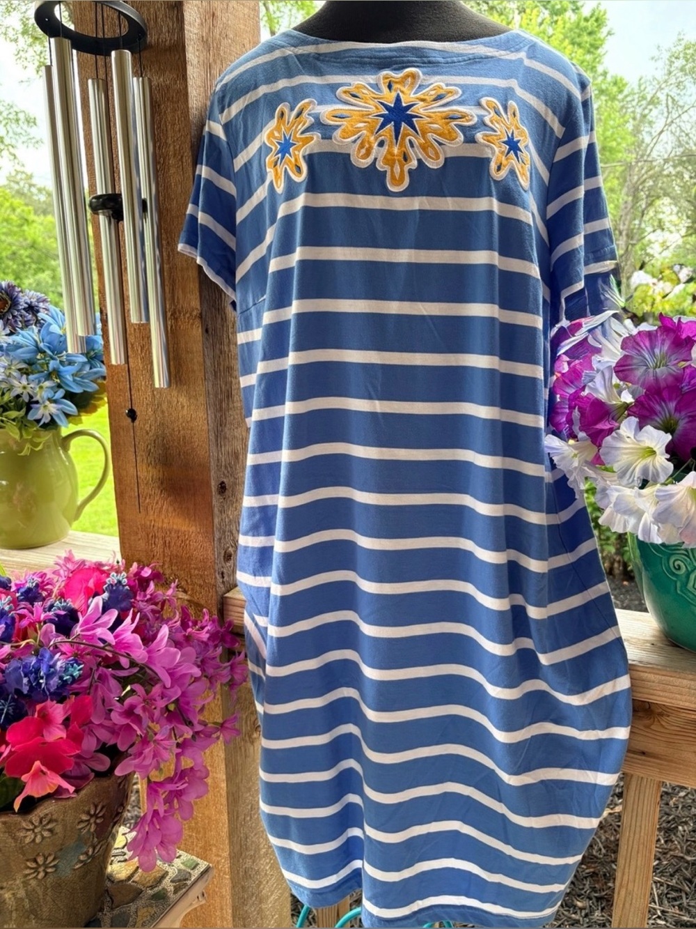 Bob Mackie Wearable Art Blue w White Stripe & Appliqués Cotton Blend Knit Dress